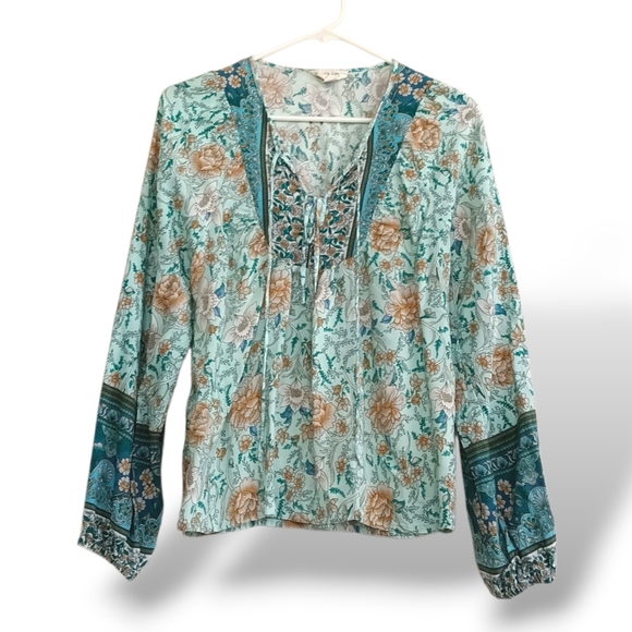 To My Lovers Tops - To My Lovers Teal Boho Western Blouse Turquoise Paisley Flowy Hippie Lace Up SM
